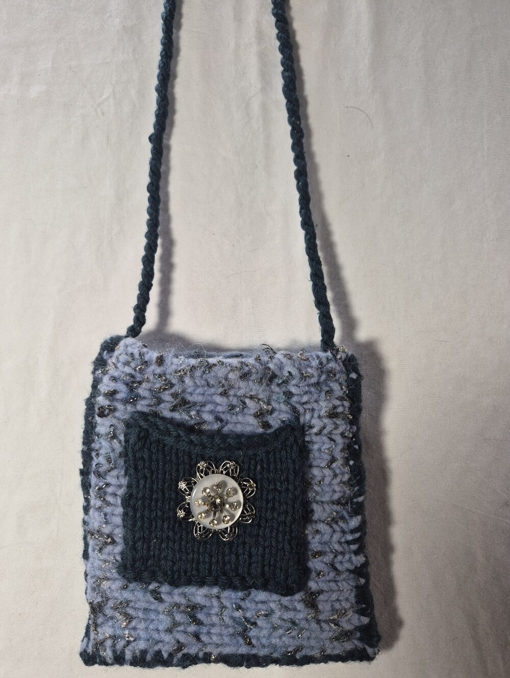 Handcrafted Navy and Light Blue Knit Crossbody Bag
